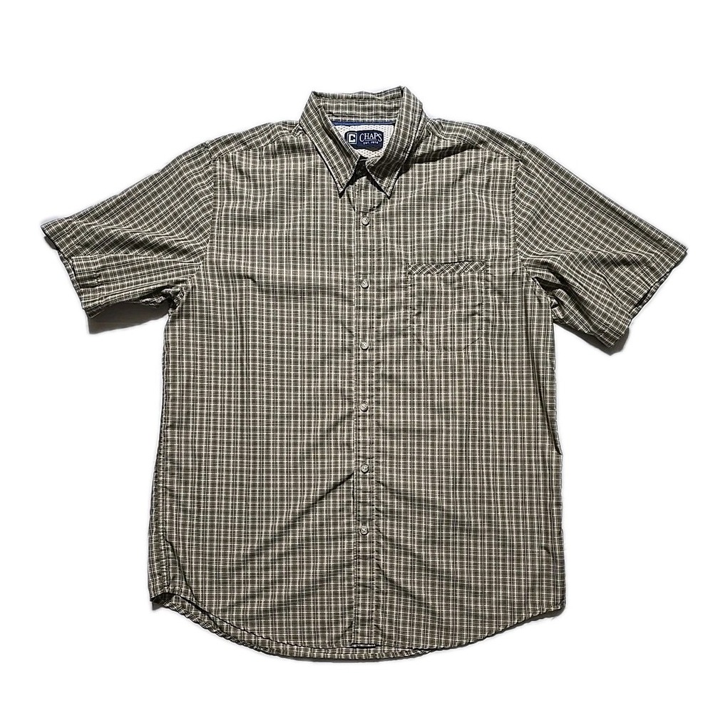 Chaps Ralph Lauren Men Large Olive Plaid Button‎ Down Short Sleeve Shirt Outdoor